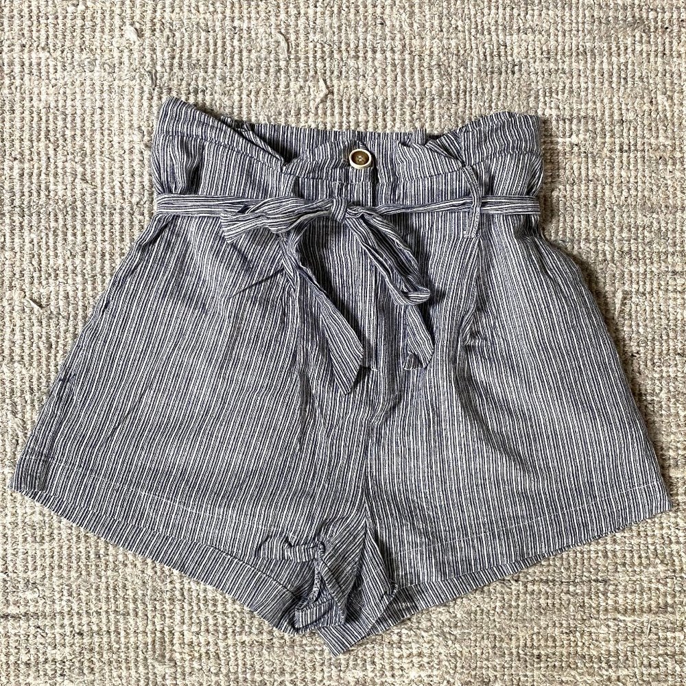 Hem and Thread Striped Paper Bag-Waist Shorts